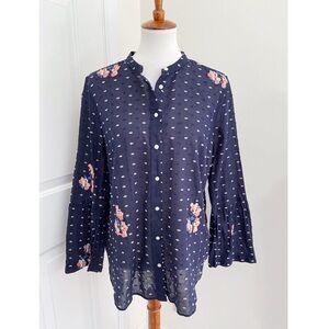 LOFT “The Softened Shirt” Navy Blue Floral Bell Sleeve & Polka Dots Size Large